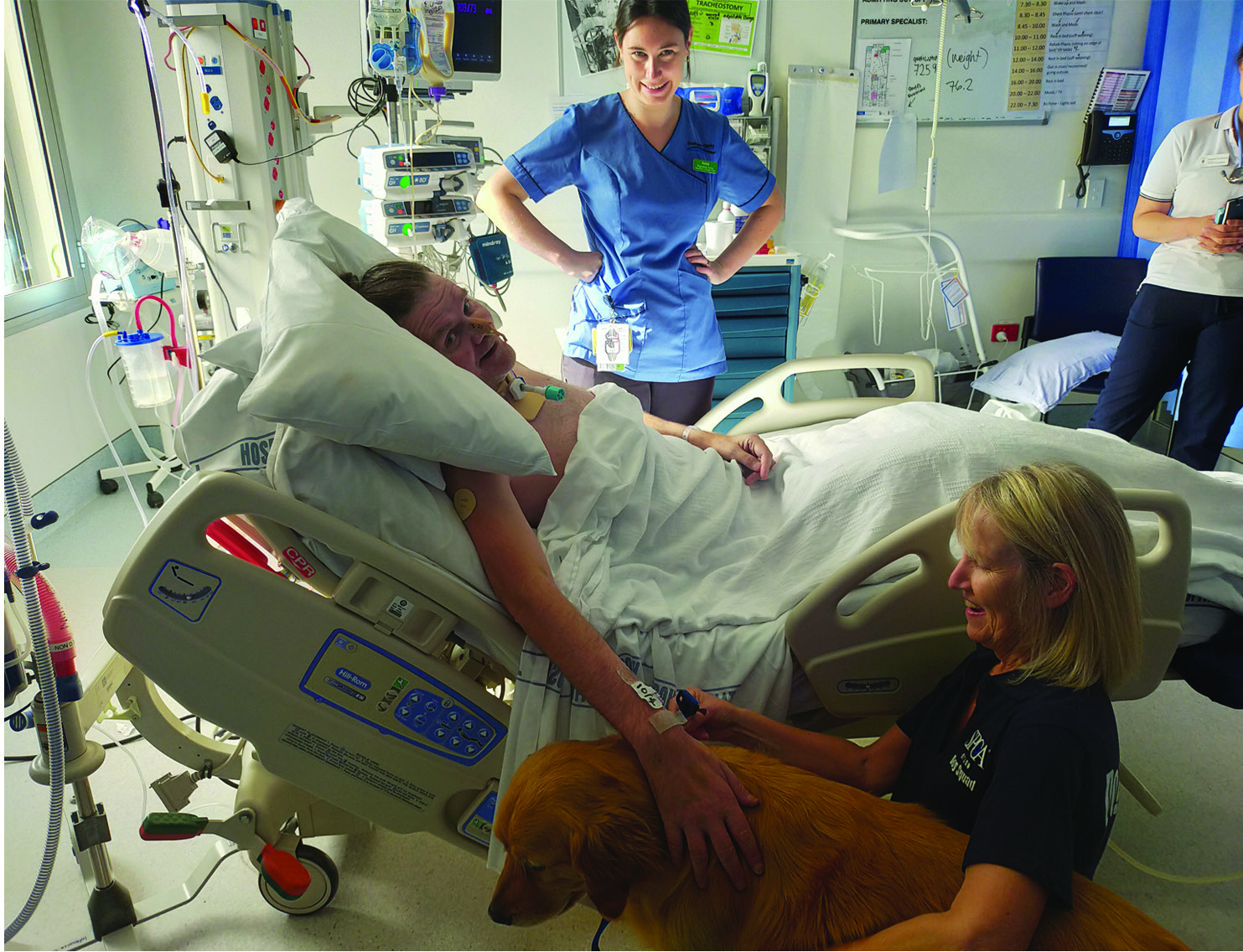 Golden retriever Lochie visits Geoff Boon