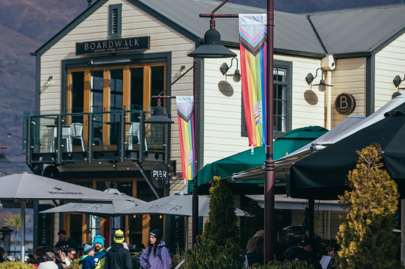 The flags were installed for the Winter pride festival in Queenstown. Photo: Rhyva van Onselen