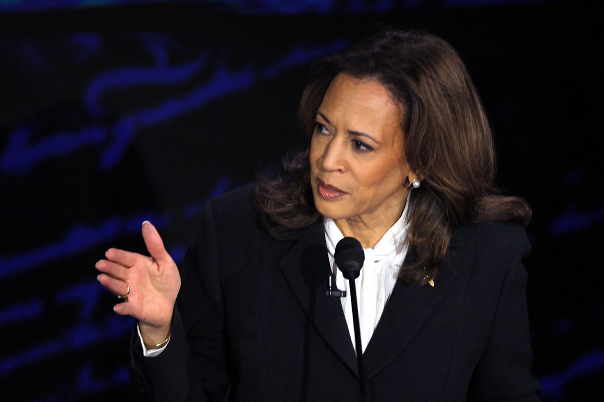 Kamala Harris gestures as she speaks during the debate with Donald Trump in Philadelphia. Photo:...