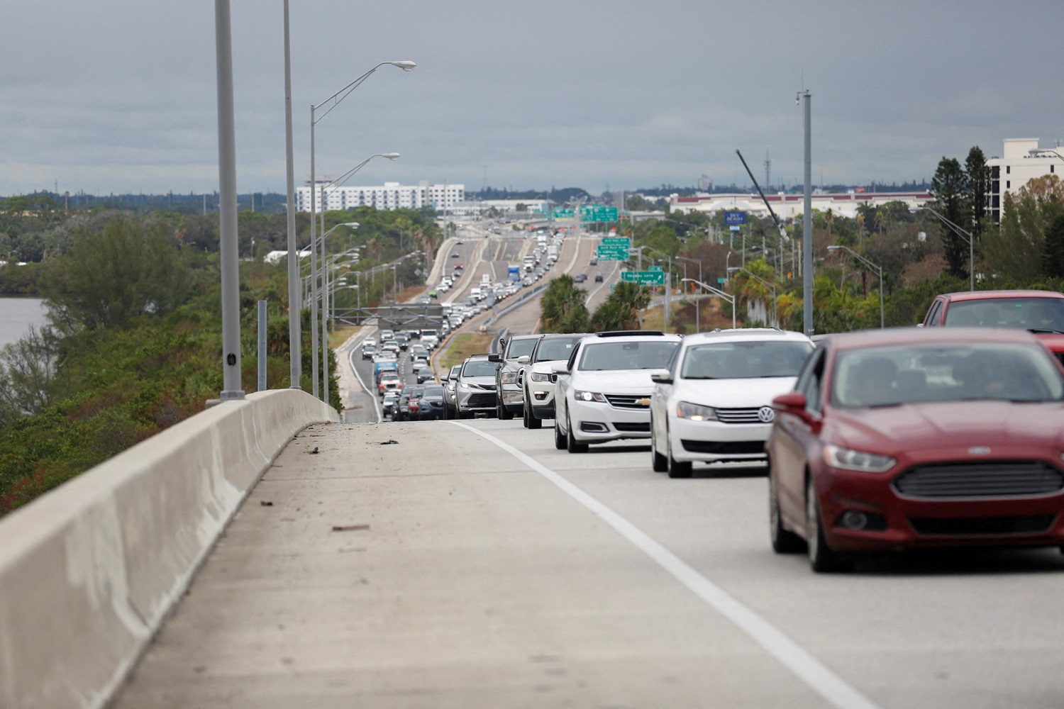 Heavy traffic begins to back up on Interstate 275 South as residents evacuate St. Petersburg,...