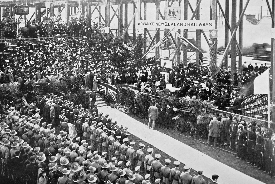 Railways Minister Joseph Ward lays the foundation stone for the Dunedin Railway Station on June 3...