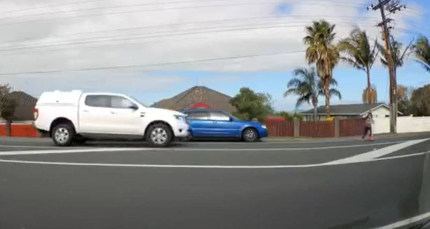 The ute had to break hard to avoid the girl. Photo: Dash Cam Owners New Zealand