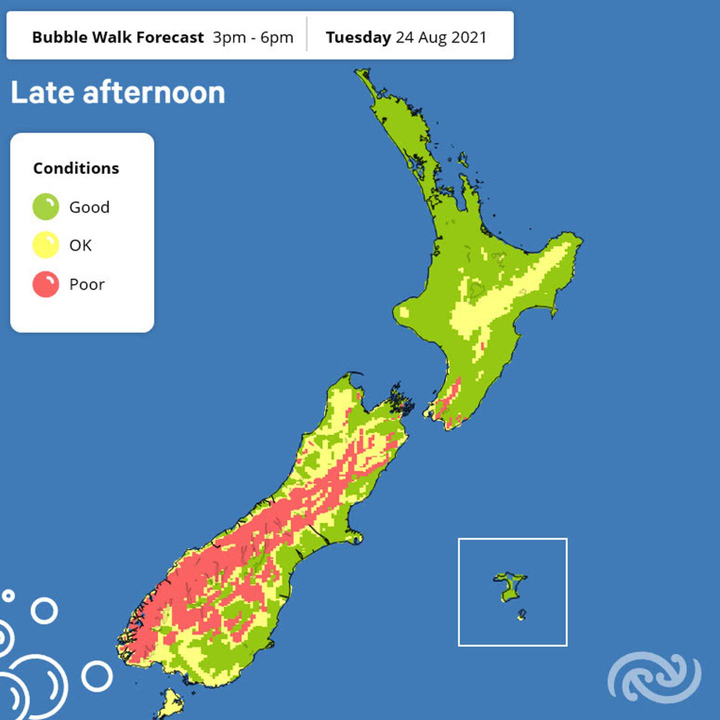 The bubble walk forecast between 3-6pm on Tuesday. Photo / Metservice