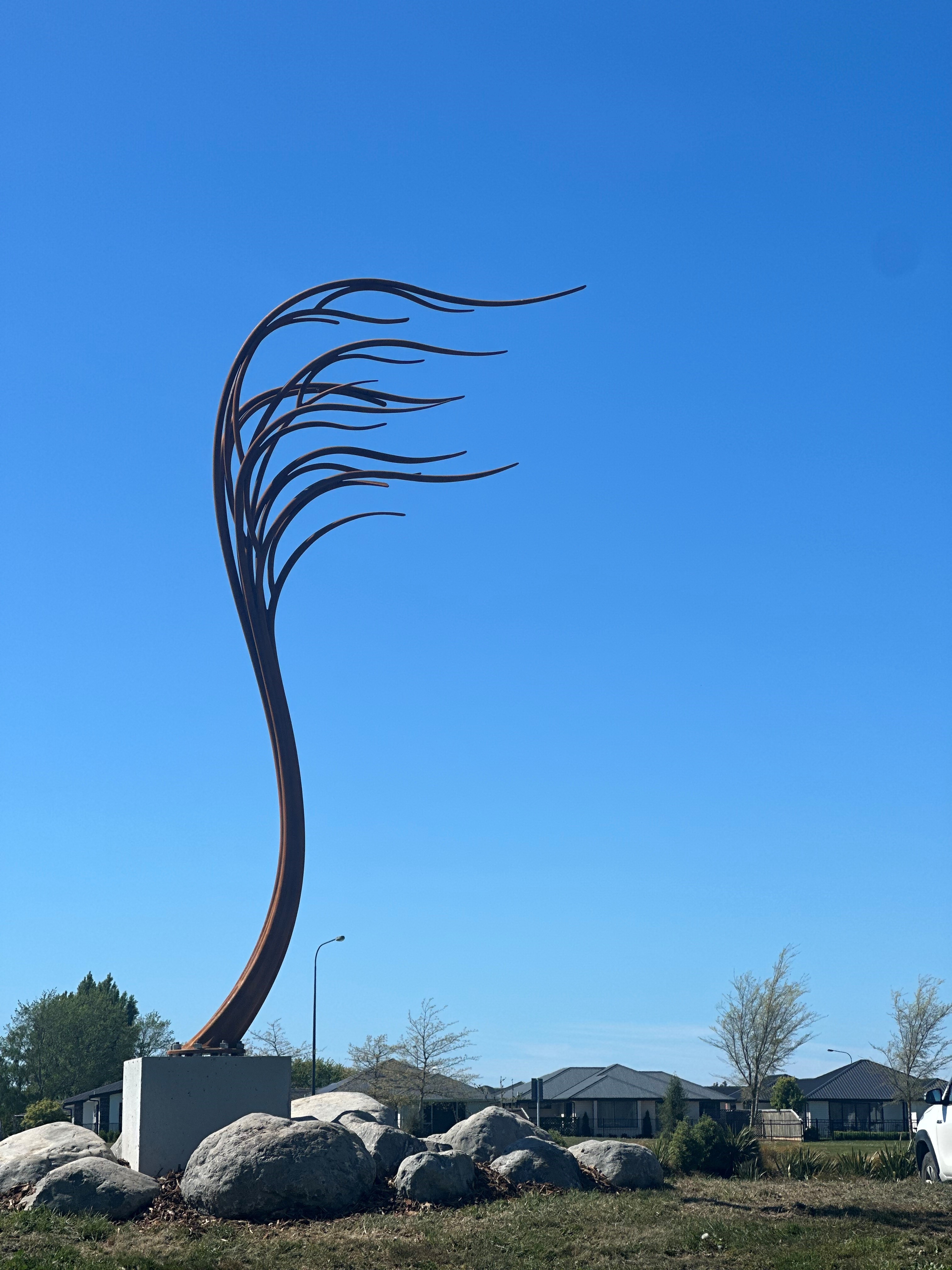 The four metre tall 'Windswept Tree' is now standing proudly in Silverstream. Photo: Waimakariri...