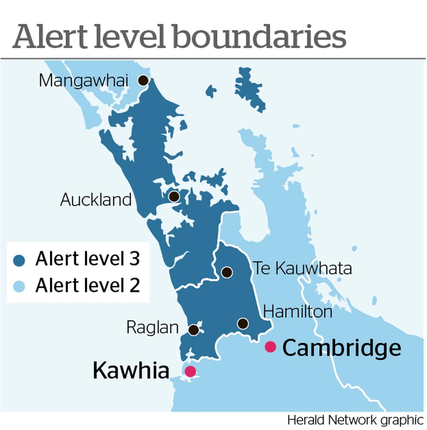 New cases have been detected in Kawhia and Karapiro, near Cambridge. Image: NZ Herald