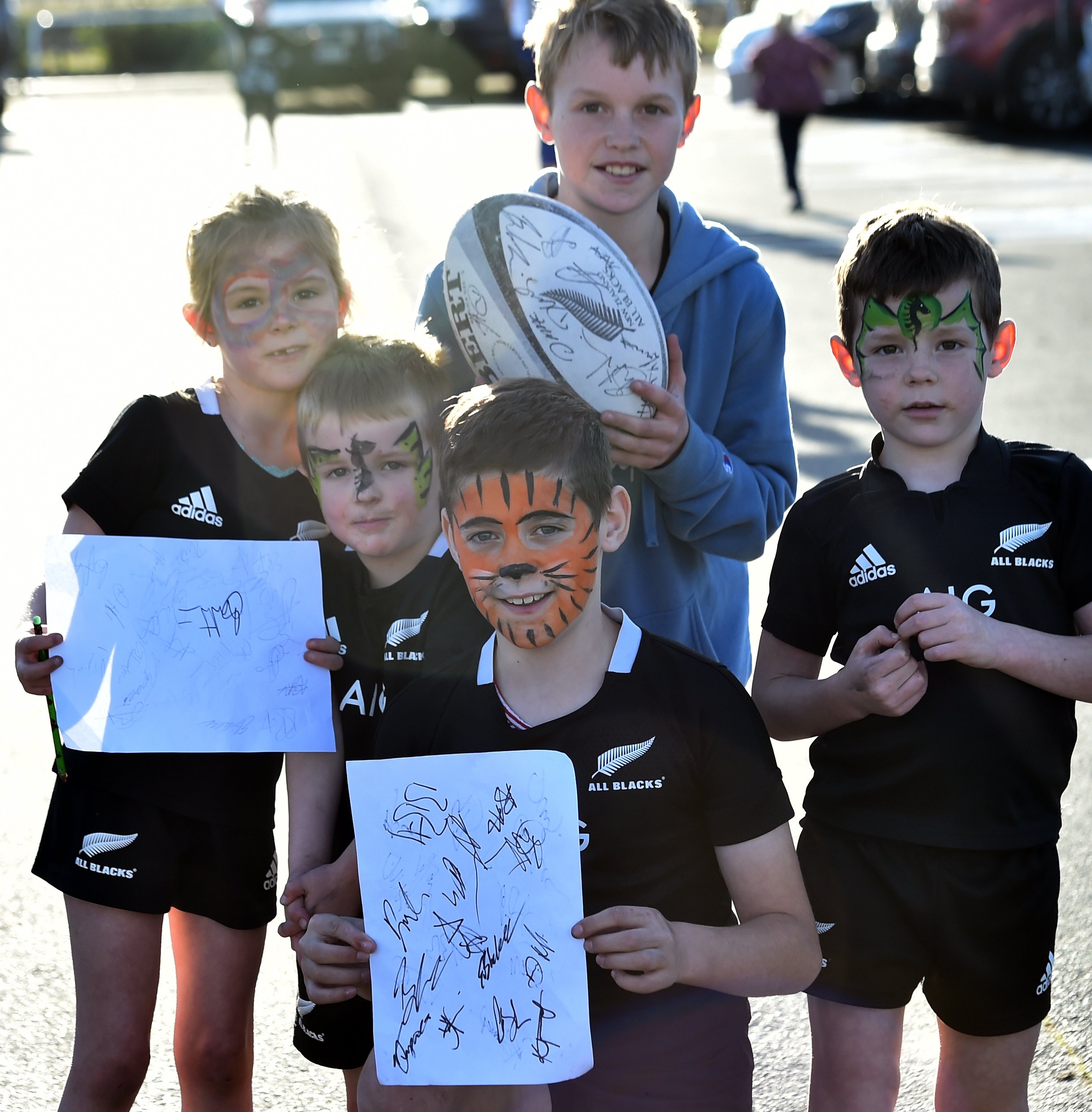 Young All Blacks fans (from left) Willow Scott (6), Charlie Scott (4), Daniel Coombs (9), Jacob...