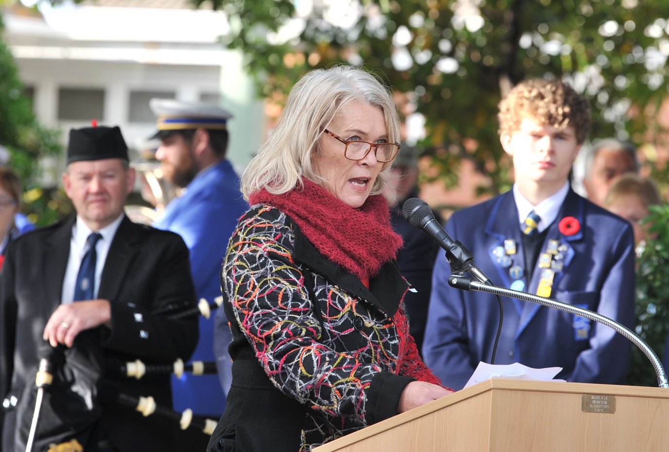 Taieri MP Ingrid Leary speaks at the Anzac service in Mosgiel this morning.