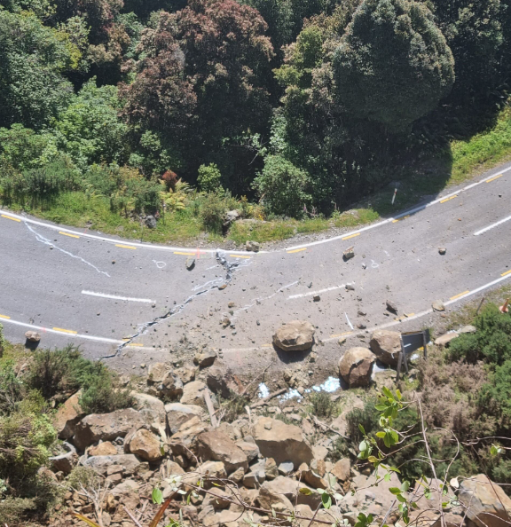 A section of damaged road. Rocks are bouncing over SH6 and into bush. Photo: NZTA
