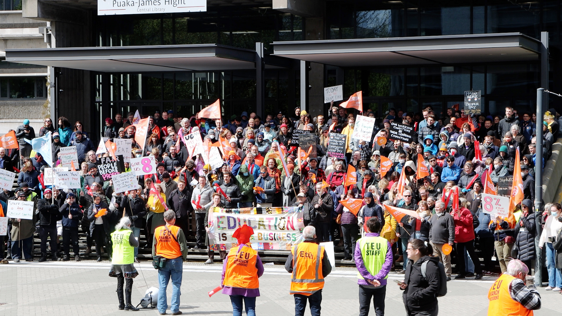 Canterbury University staff outside the Vice-Chancellor's office today. PHOTO: GEOFF SLOAN