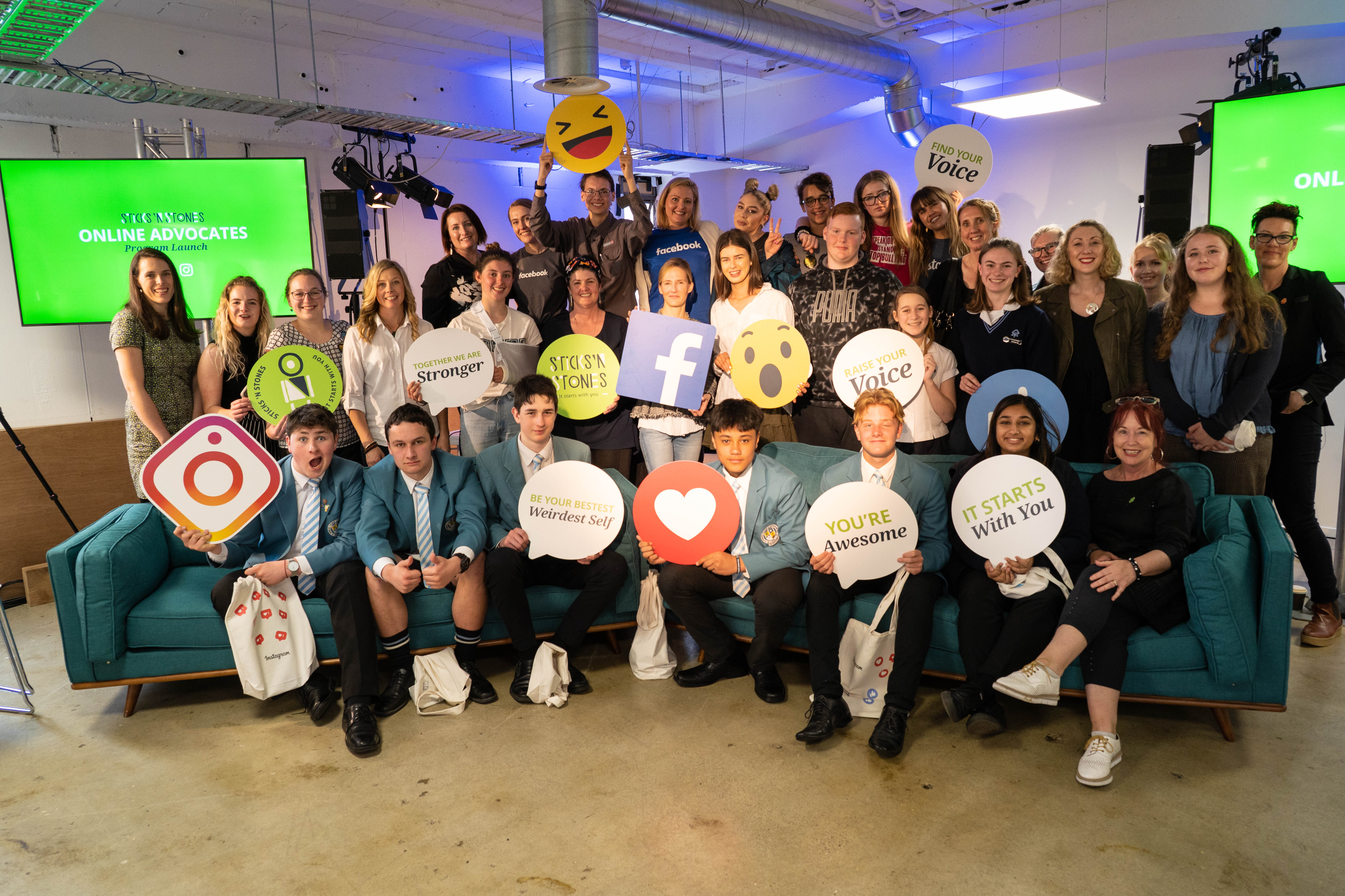 Central Otago Sticks ’n Stones members join with Wellington pupils to celebrate a new ‘‘online advocates’’ collaboration with Facebook launched  in Wellington this week. PHOTO: SUPPLIED