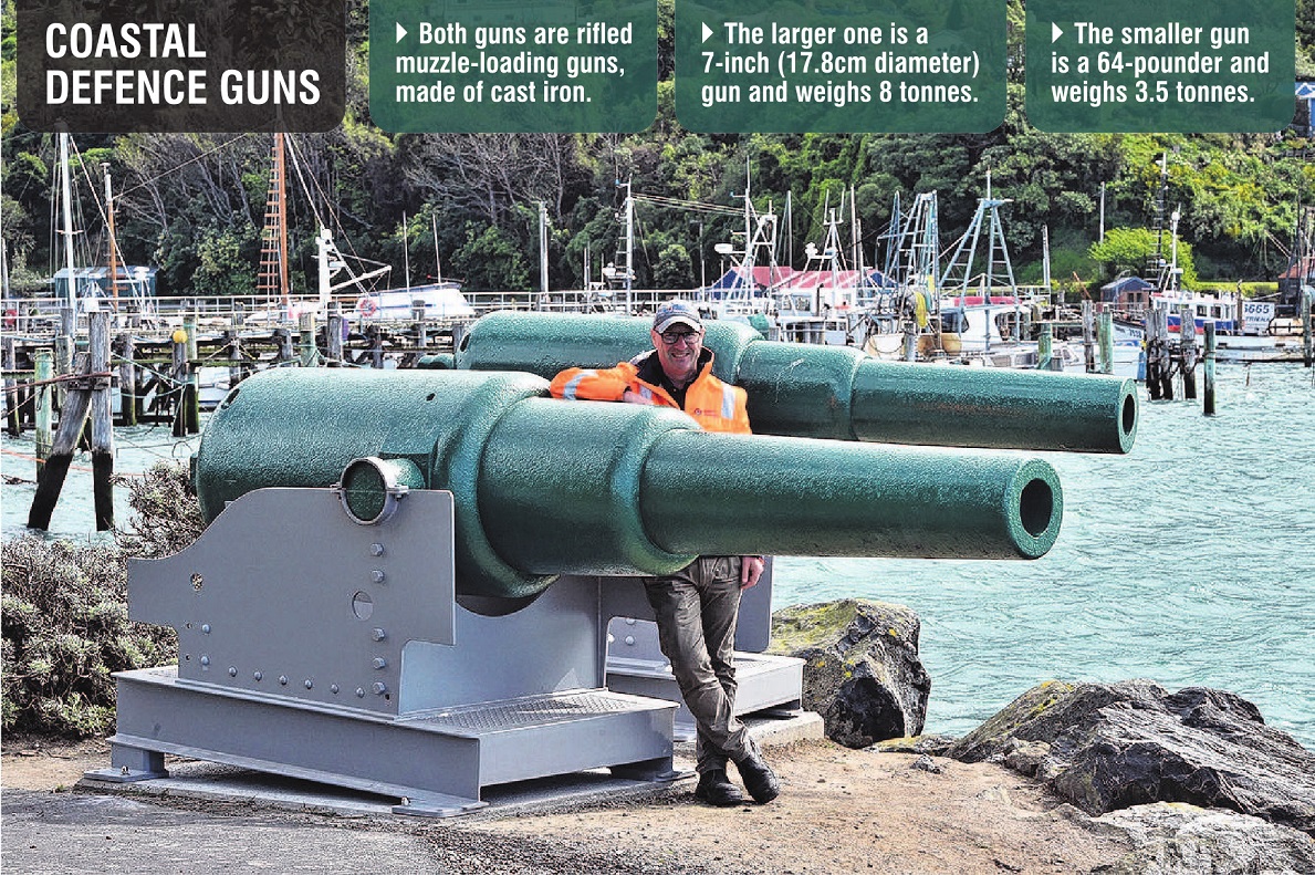 Port Otago civil engineer Andy Pullar with two restored Coastal Defence guns from Fort Taiaroa,...