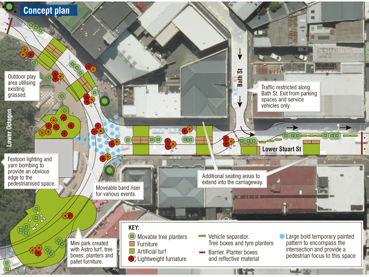 The concept plan for the transformation of the lower Octagon and lower Stuart St for the Ed Sheeran concerts. Map source: Dunedin City Council