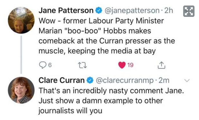 Political commentator Matthew Hooton took a screenshot of the exchange, before Curran deleted her...