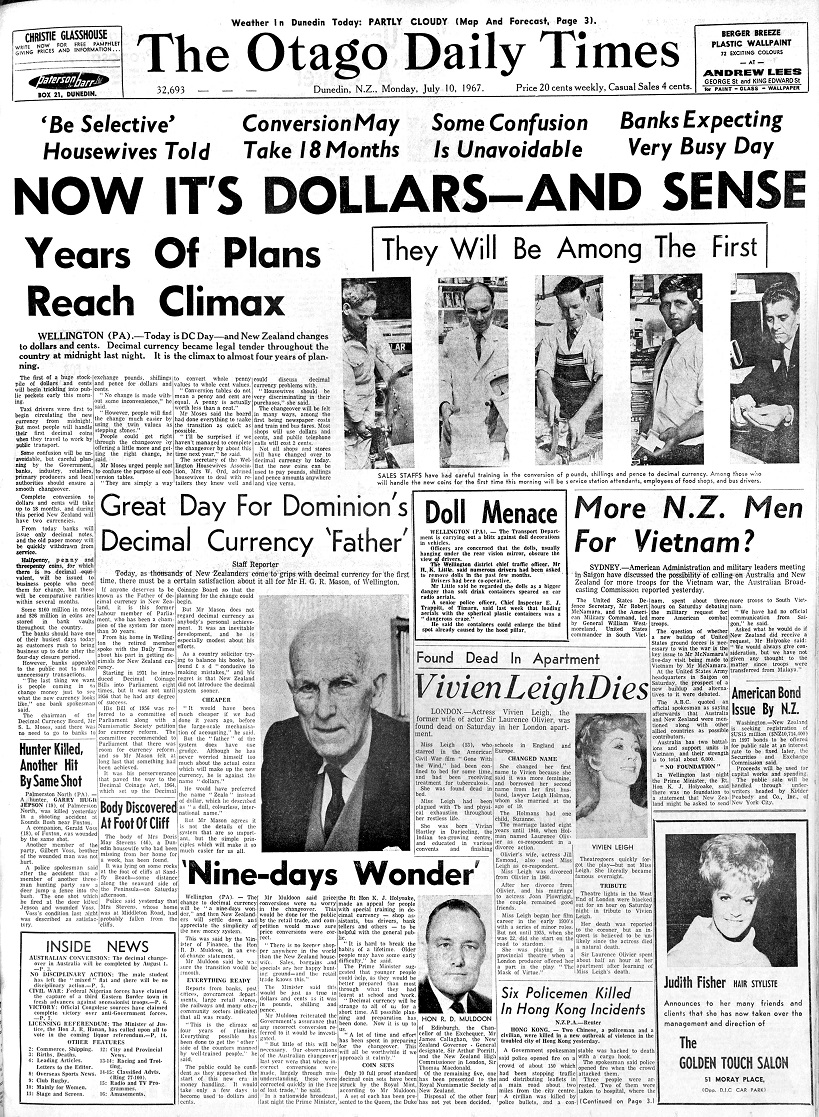 Decimal currency introduced by the Otago Daily Times,  on July 10, 1967. Photo: Otago Images...