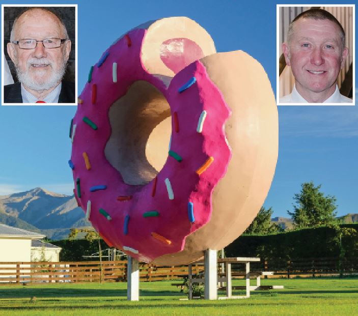 Ken May (left), Sean Ellis and the Springfield Donut. Photos: Supplied