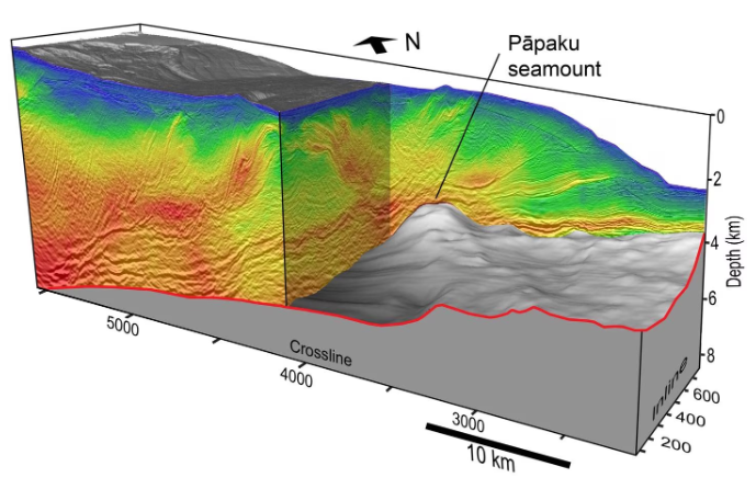 This cutaway 3D seismic image shows the Pāpaku Seamount, located beneath the seafloor near New...