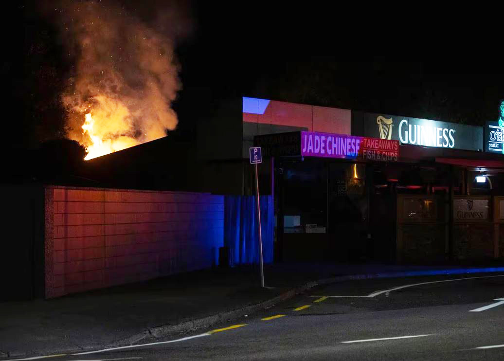 Fire and Emergency were called to the blaze at O’Shea’s Pub on Marshland Rd about 10.45pm. Photo:...