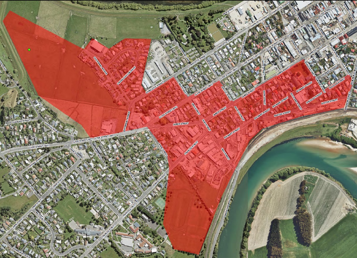 This map shows the areas of Balclutha that now have a potential risk of some inundation. Image: Clutha District Council