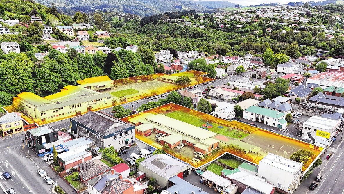 An aerial photo of George Street Normal School, with the main block on the west side of George St...