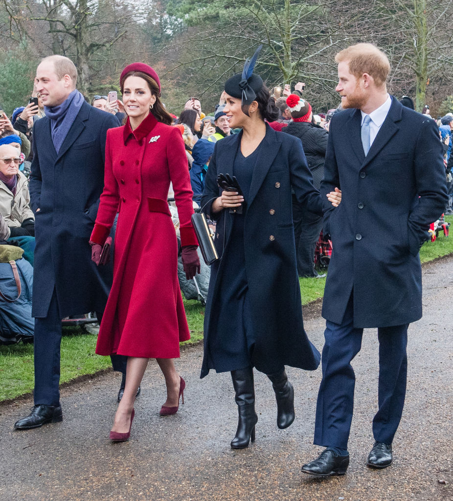 From left: Prince William and Catherine, Duchess of Cambridge, with Meghan and Harry. Photo:...