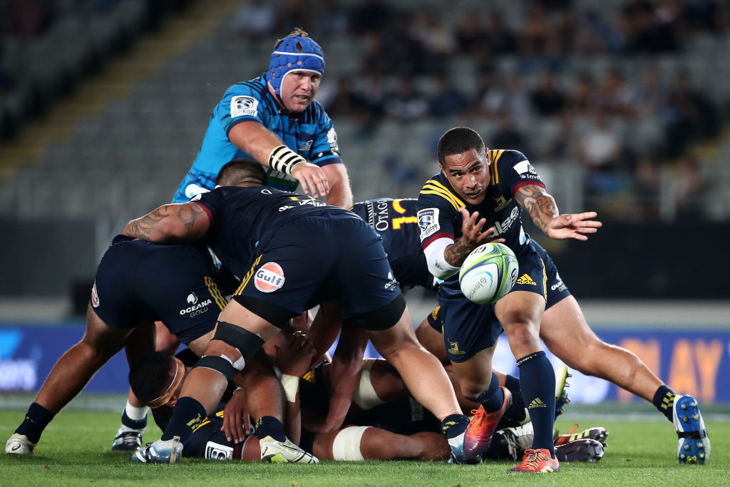 Aaron Smith clears the ball from the scrum during the Highlanders' match with the Blues in...