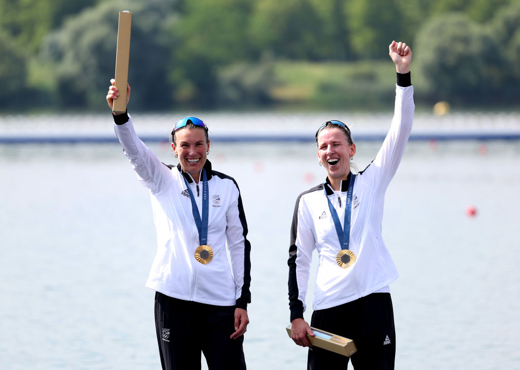 Brooke Francis and Lucy Spoors celebrate winning gold in the double sculls at Vaires-Sur-Marne...