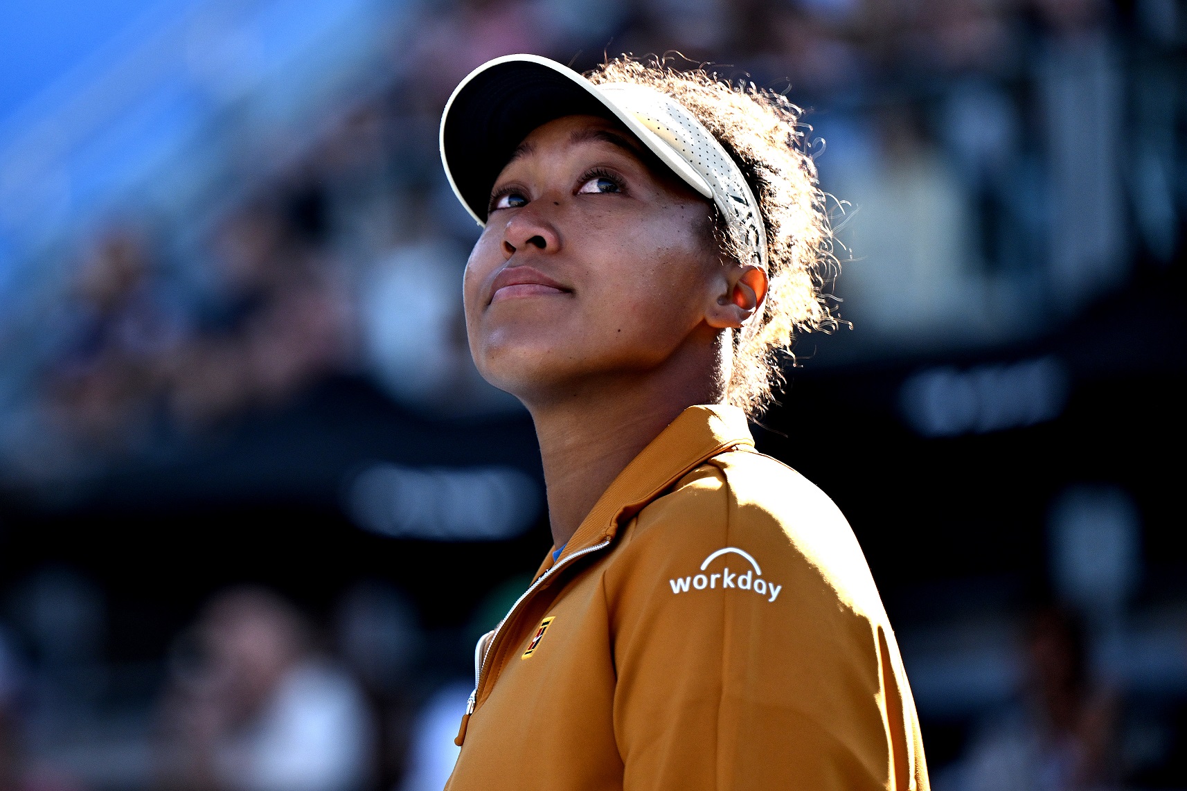 Naomi Osaka of Japan looks on after deciding to pull out of the women's singles final match...