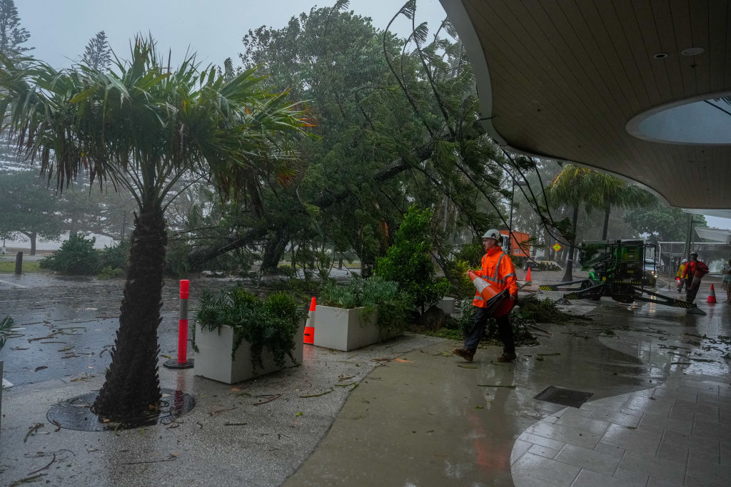 Emergency service workers attend to a fallen tree near an apartment complex in Brisbane. Photo:...