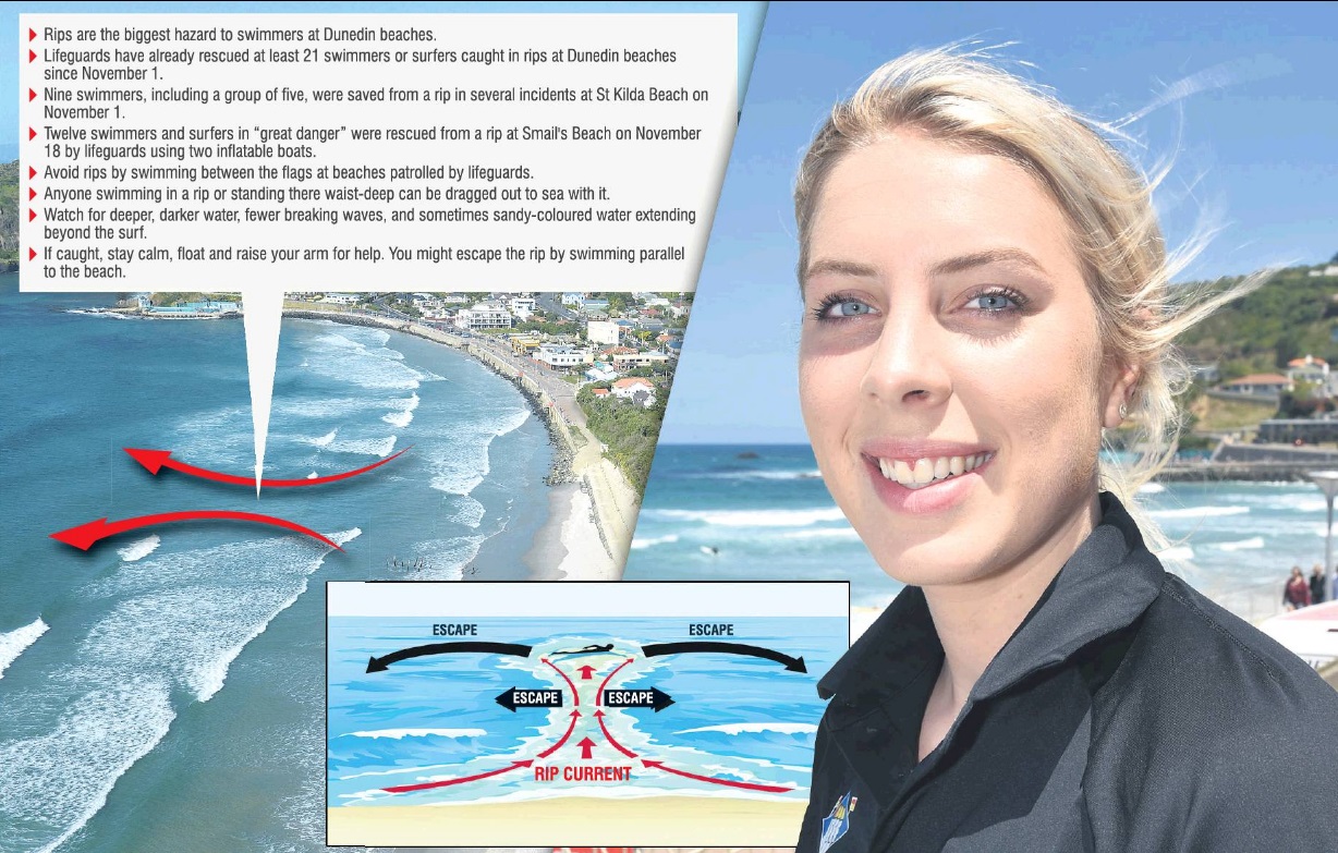 Surf Life Saving New Zealand club support officer Otago-Southland Maddy Crawford keeps a watchful eye out for rips at St Clair Beach, Dunedin, on Thursday. Photo: Gregor Richardson