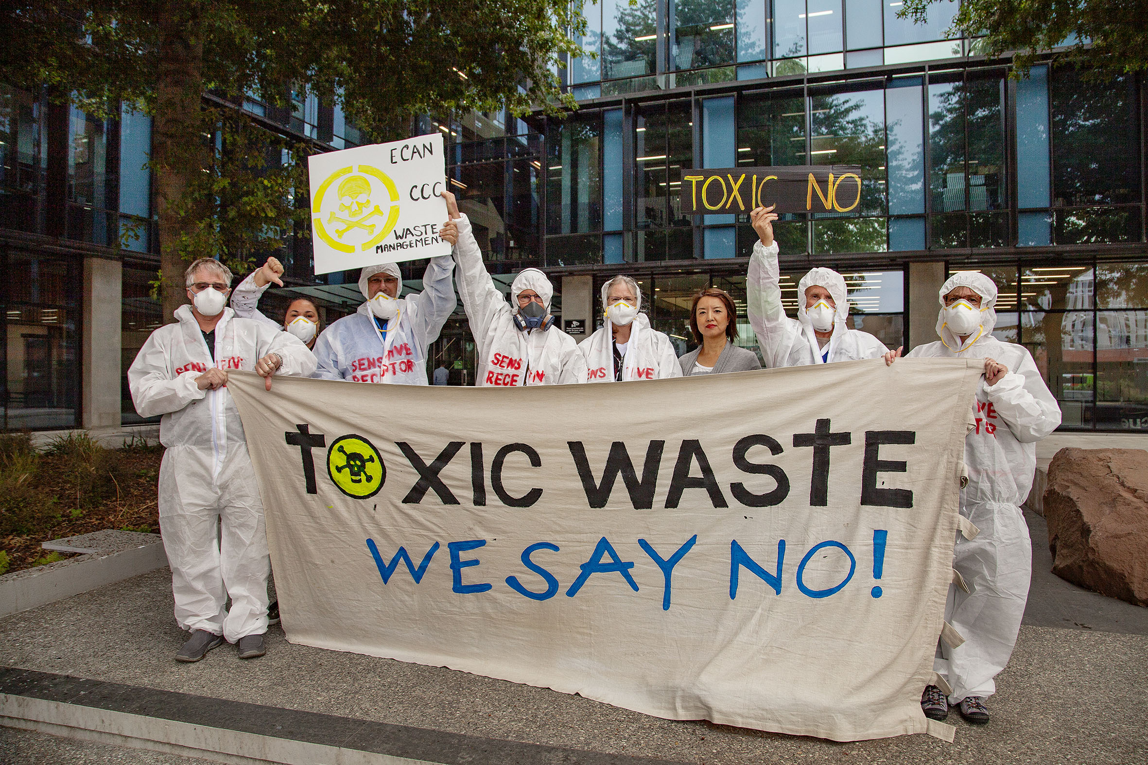 Protesters fighting the proposed hazardous waste facility outside the Environment Canterbury...