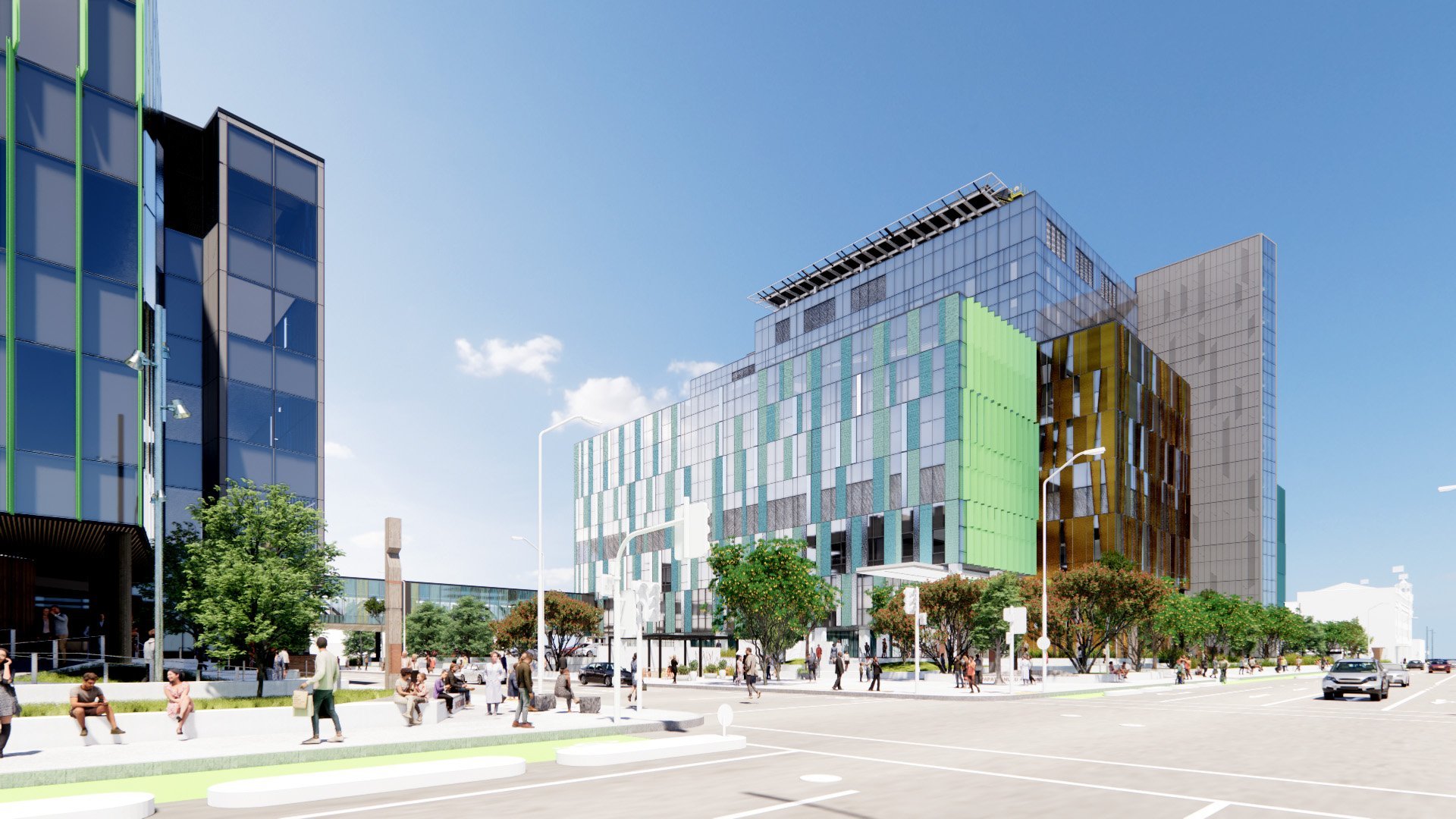 The latest architectural image of the new Dunedin hospital inpatient building (right) from the...