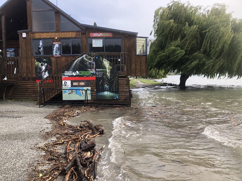 Water laps at the log cabin by Lake Wanaka this afternoon. Photo: Kerrie Waterworth