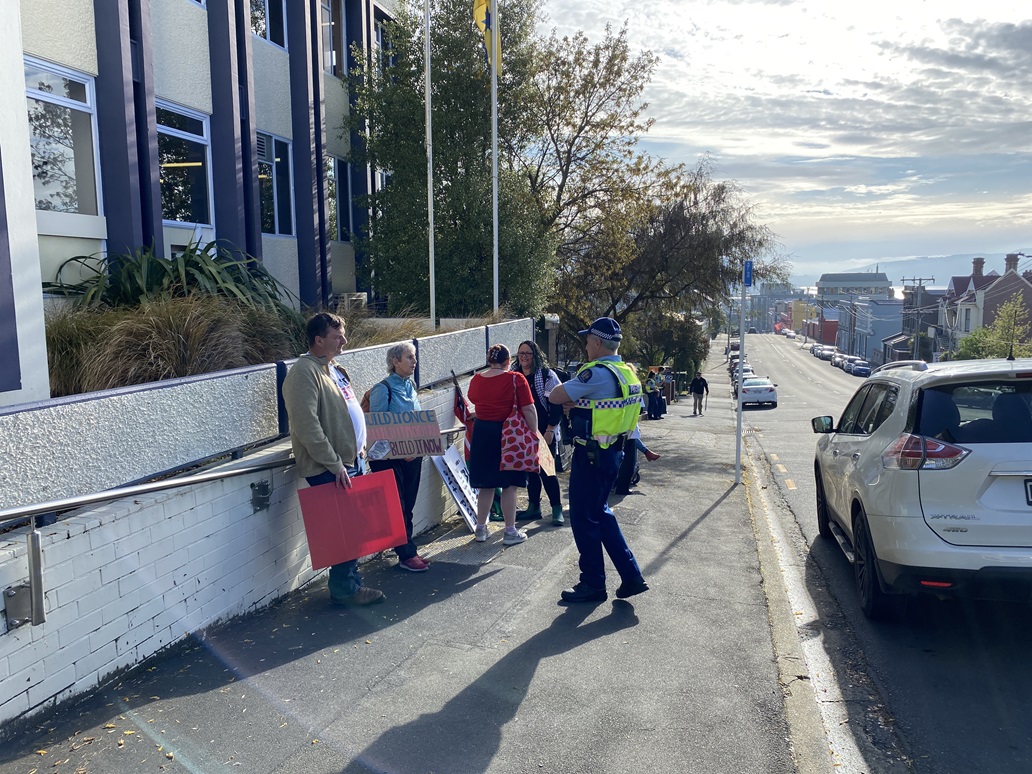 Protesters at the Otago Regional Council office in Stafford St. Photo: Peter McIntosh