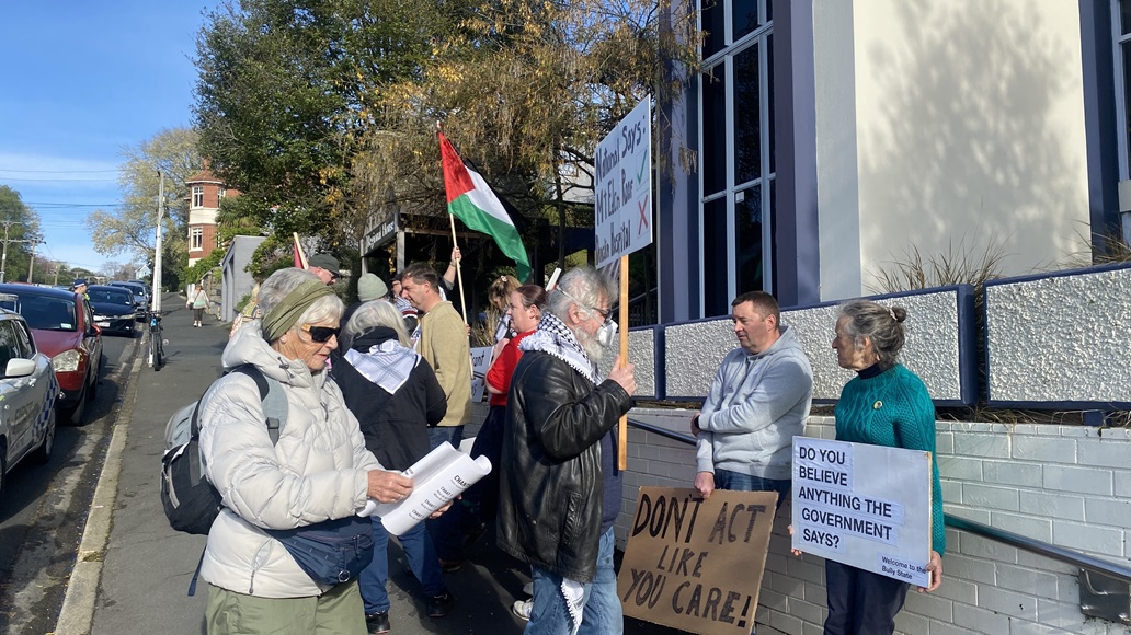 Protesters at the Otago Regional Council office in Stafford St. Photo: Craig Baxter