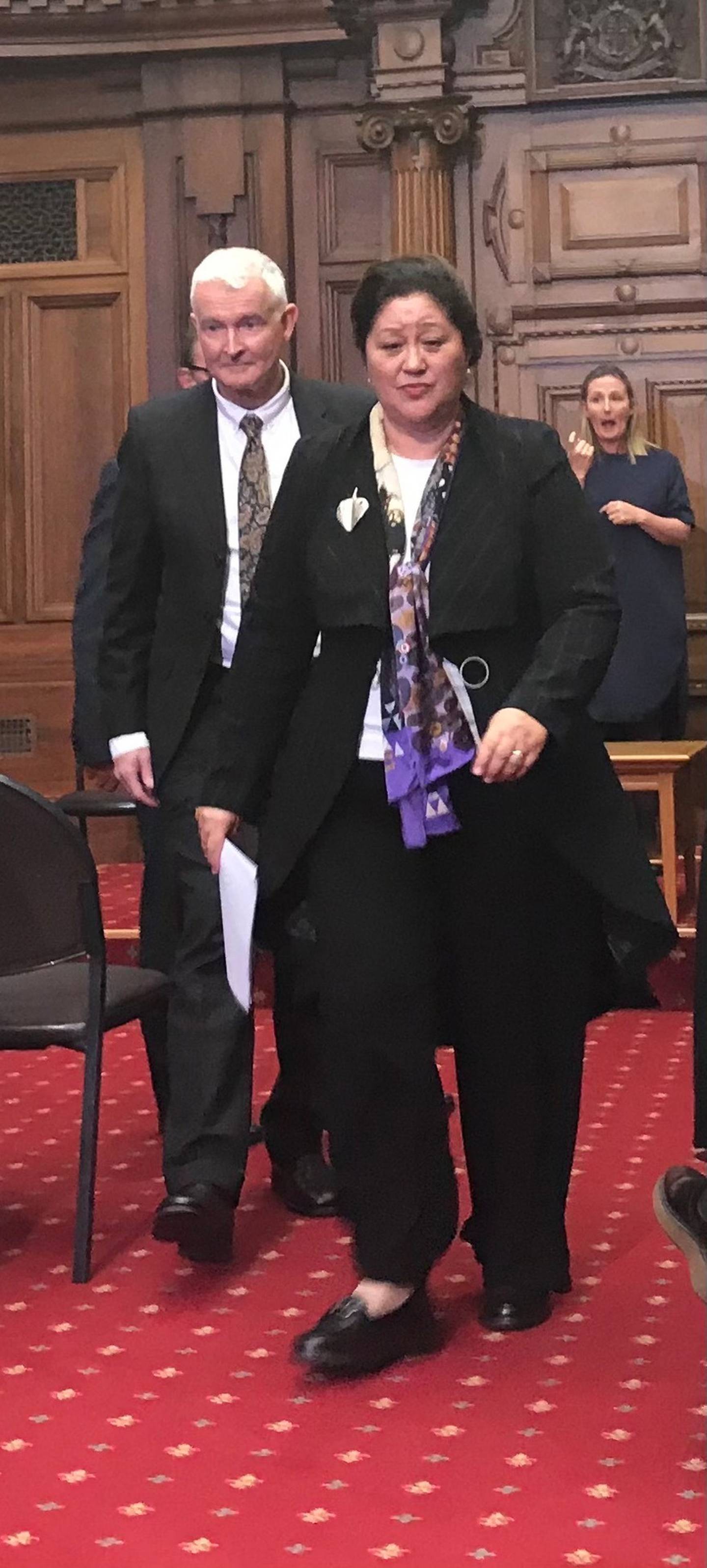 Dame Cindy Kiro and husband Dr Richard Davis leave the press conference. Photo: Audrey Young
