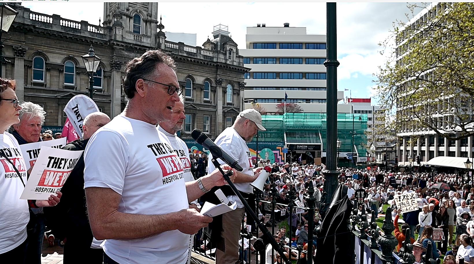 Mayor Jules Radich addresses the crowd in the Octagon on Saturday. PHOTO: CRAIG BAXTER