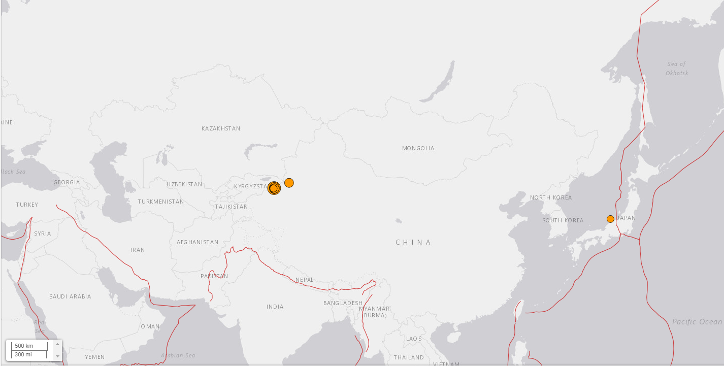 A USGS map showing the location of the powerful quake at the Kyrgyzstan-Xinjiang border and...