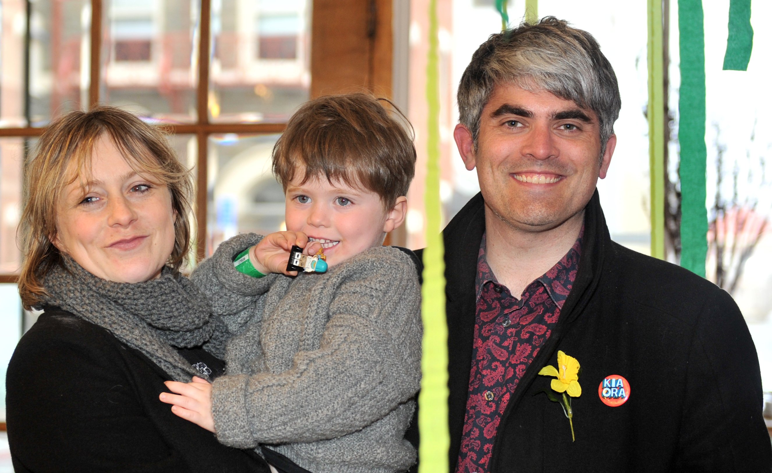 The new mayor celebrates with his wife Anya Sinclair and son Emile Hawkins (3). PHOTO: CHRISTINE...