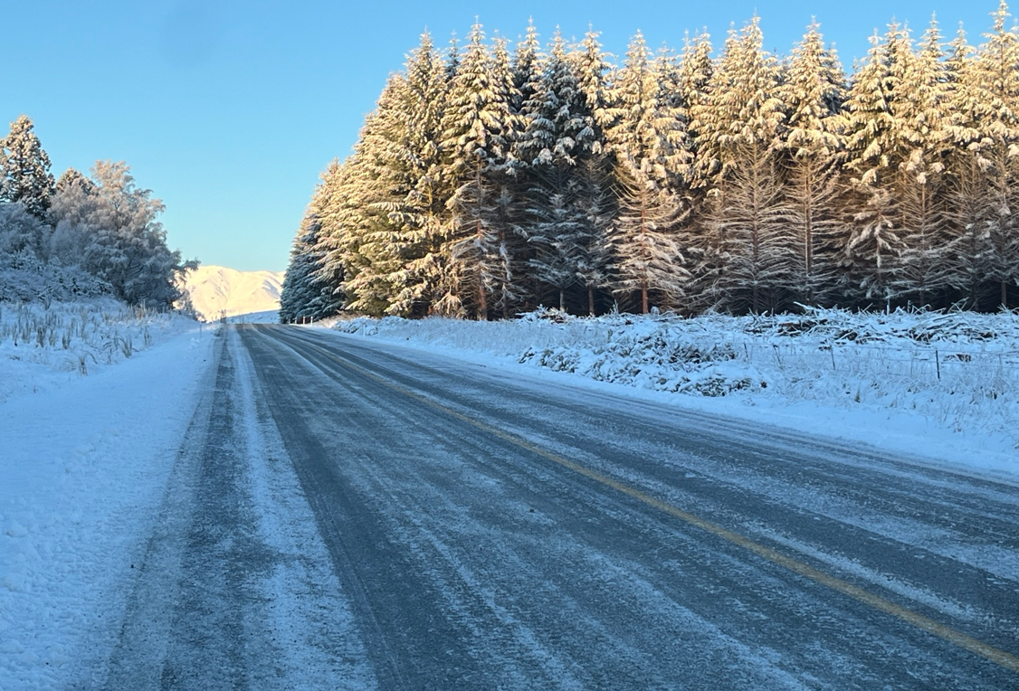 State Highway 8 near Burkes Pass this morning. Photo: NZTA/Waka Kotahi