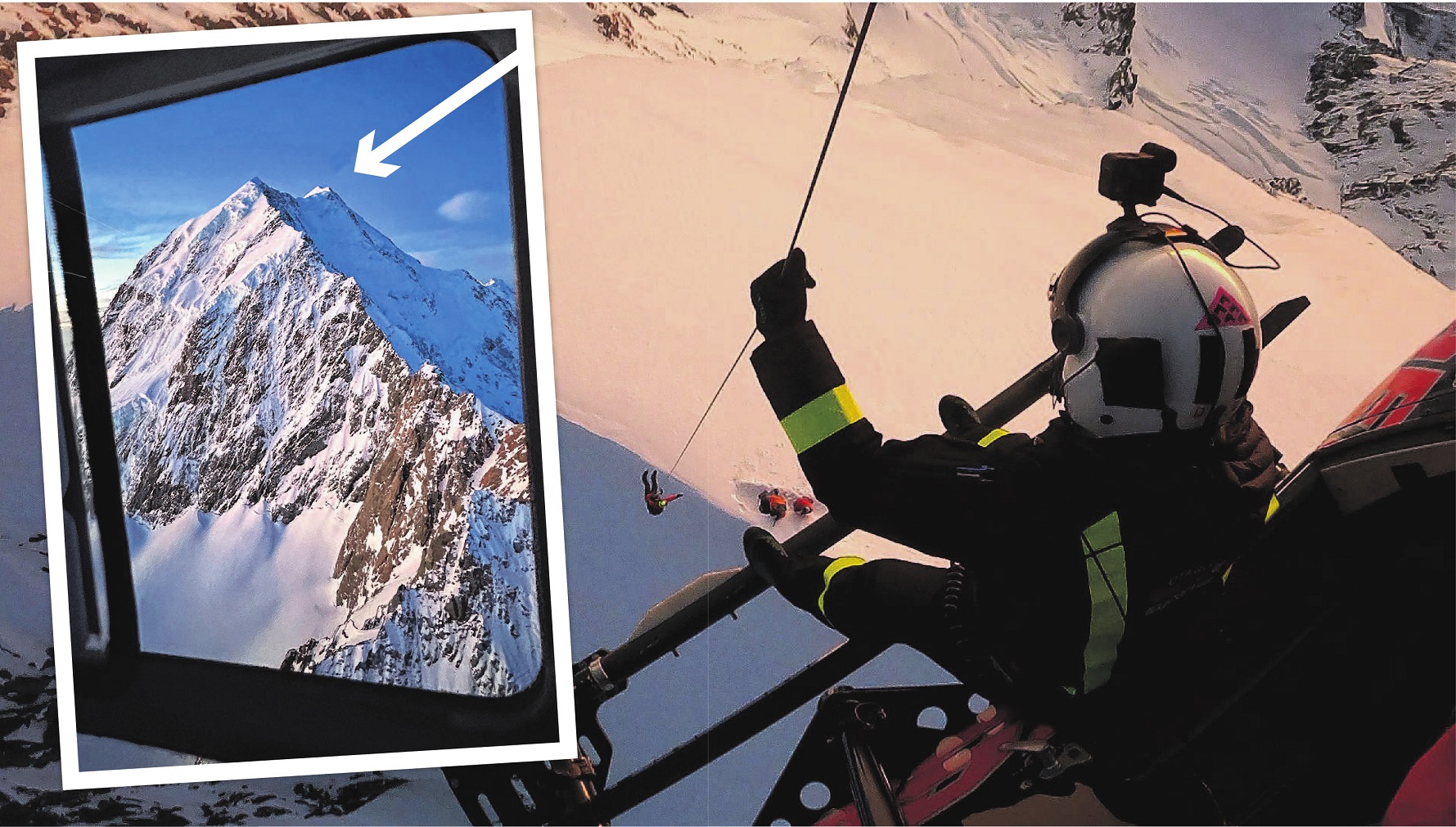 Exhausted climbers are rescued from near the summit of Aoraki Mt Cook on Monday. Inset: The spot...