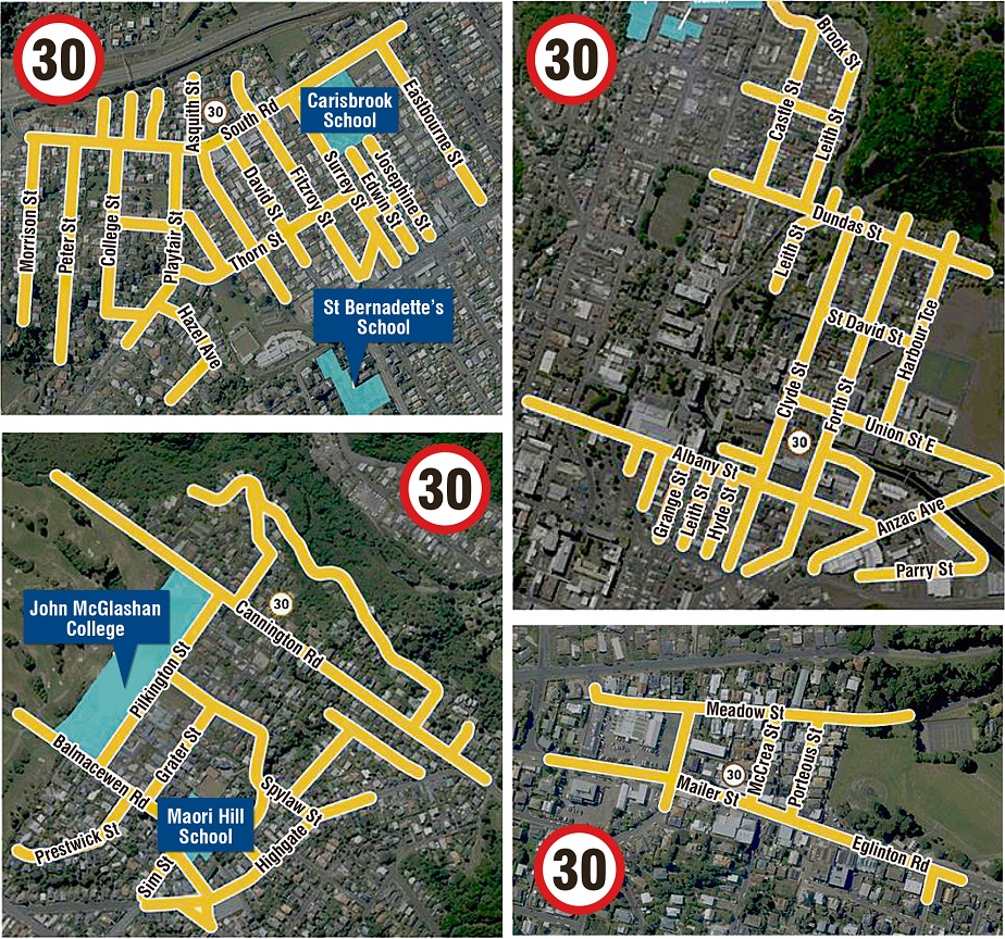 Dunedin education areas to come under the 30kmh restrictions. Images: Supplied