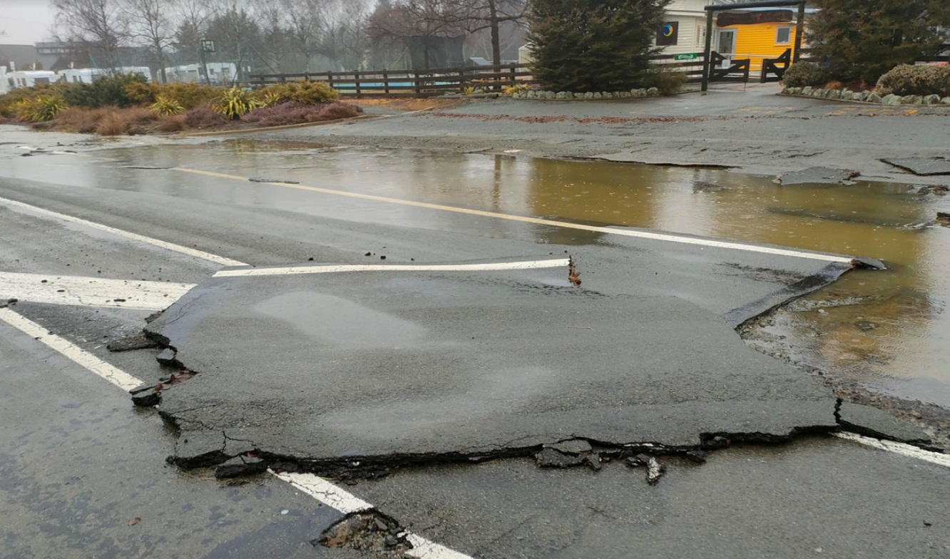 A damaged road surface in Omarama this morning. Photo: NZTA