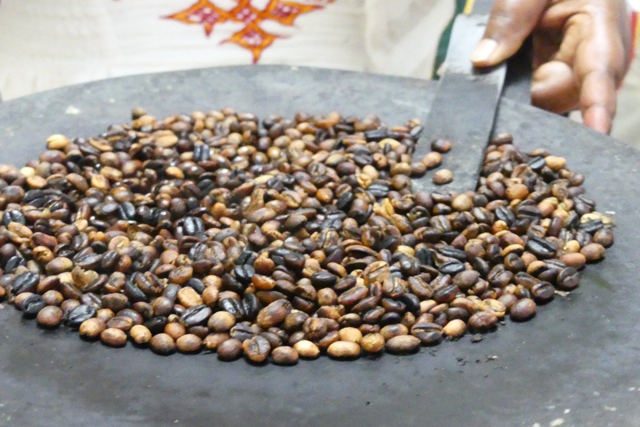 Coffee beans being roasted.