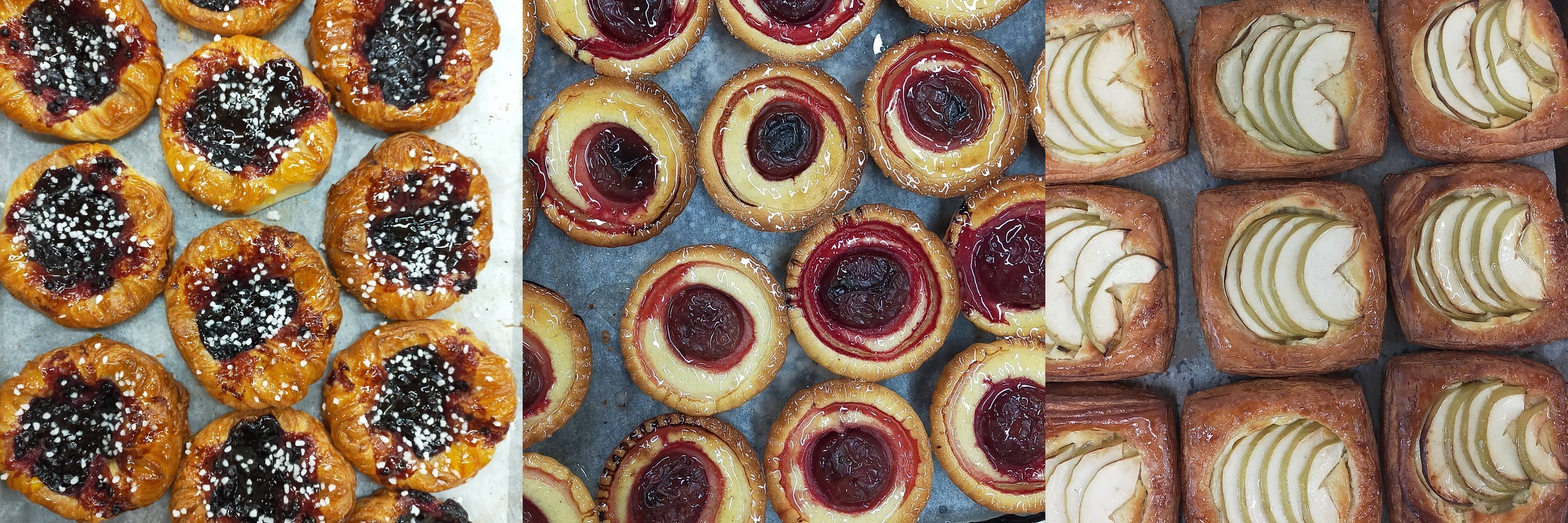 From left to right: Blueberry Danish, Plumb and Almond Tart, Apple Danish