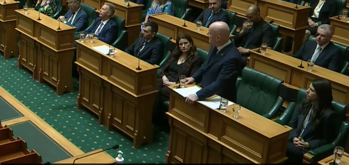 Prime Minister Christopher Luxon delivers his speech in the House this morning.