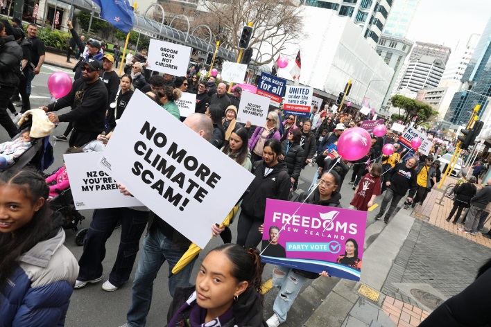 Protesters take part in the march to Parliament.  Photo: RNZ