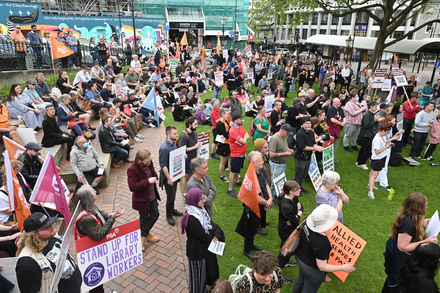 Workers gather in Dunedin's Octagon at lunchtime for the rally. Photo: Gerard O'Brien