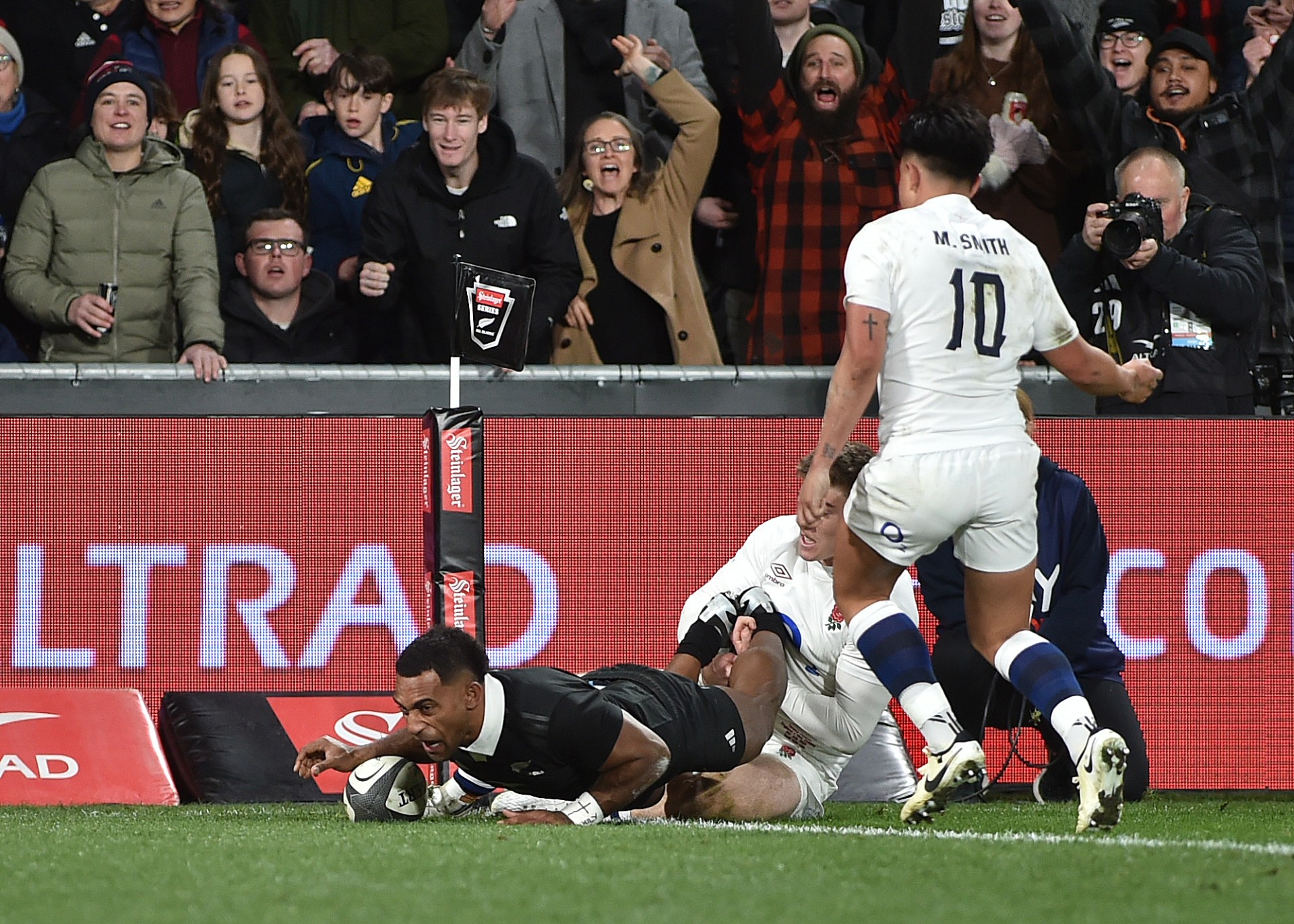 England's Tommy Freeman and Marcus Smith couldn't stop Sevu Reece scoring the first try for the...