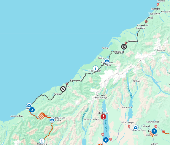 State Highway 6 is closed from Ross to Haast (black line) due to flooding and slips. Map: NZTA