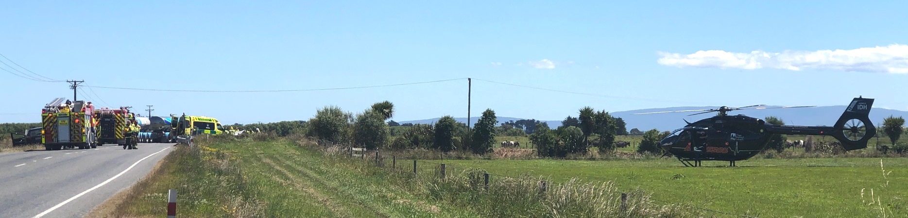 A rescue helicopter lands near the scene of a serious road crash on the Riverton Wallacetown Highway today. Photo: Luisa Girao